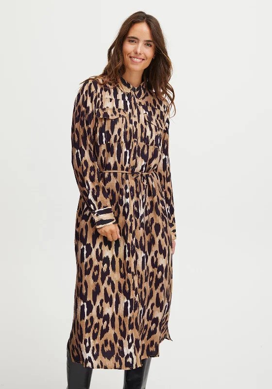 Flannel Shirt Dress-Fransa Leoni Leopard Print Midi Shirt Dress, Brown