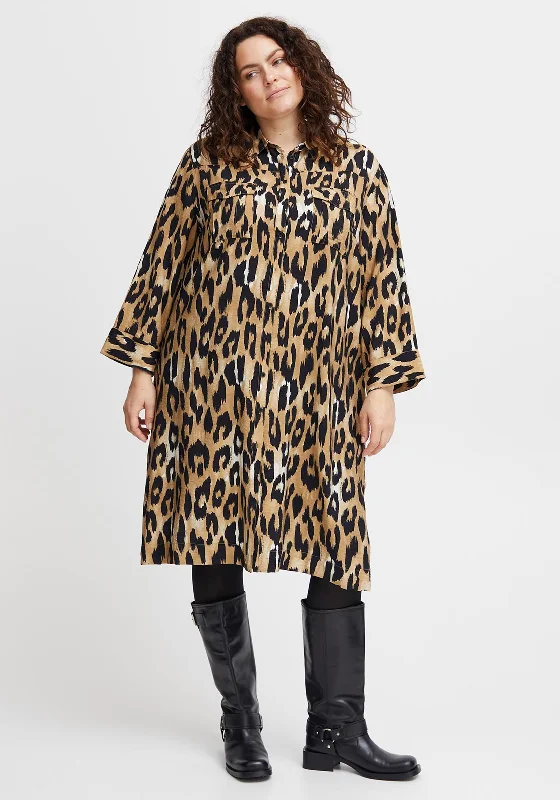 Boho Button-up Shirt Dress-Fransa Plus Size Leoni Leopard Print Midi Shirt Dress, Brown
