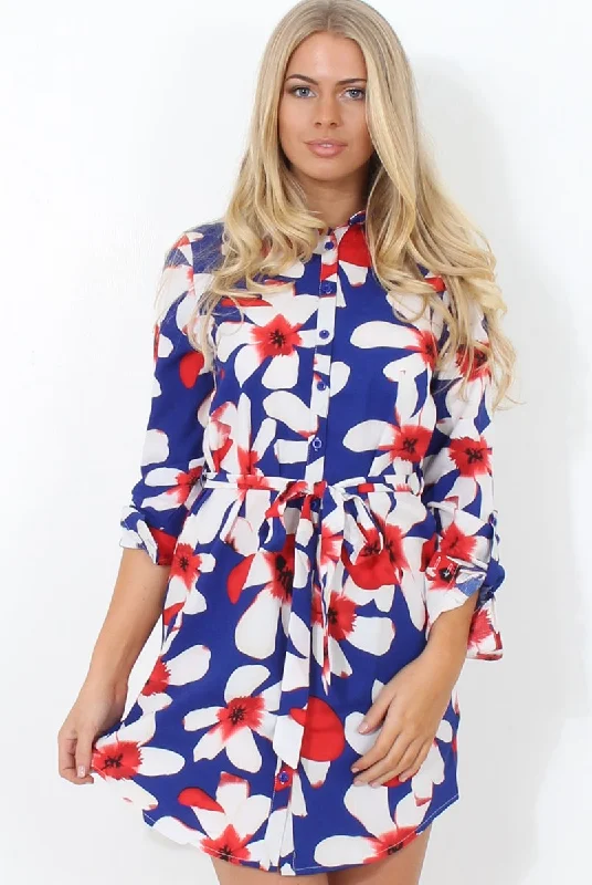 Trendy Shirt Dress for Women-Fraul Blue And White Floral Print Shirt Dress