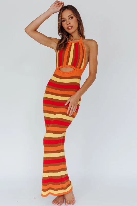 Women's Boho V-neck Maxi Dress-French Riviera Halterneck Knit Maxi Dress Brown/Orange