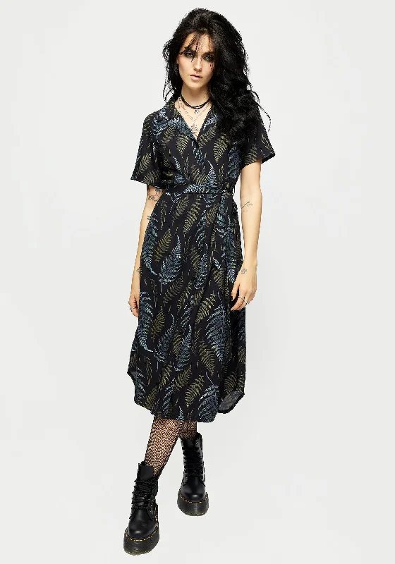 Casual Denim Shirt Dress-Frond Print Button Up Midi Shirt Dress
