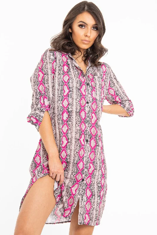 Plaid Shirt Dress for Work-Fuchsia Snake Print Oversized Shirt Dress - Joselynn