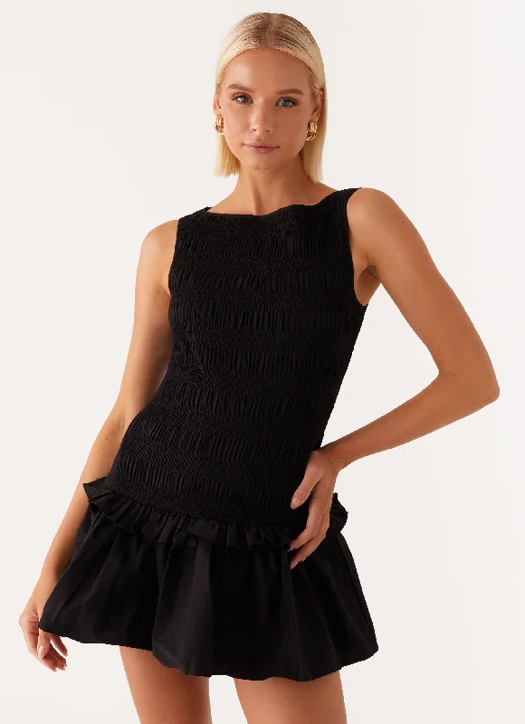 Women's Simple Bodycon Mini Dress-Garden Kisses Shirred Mini Dress - Black