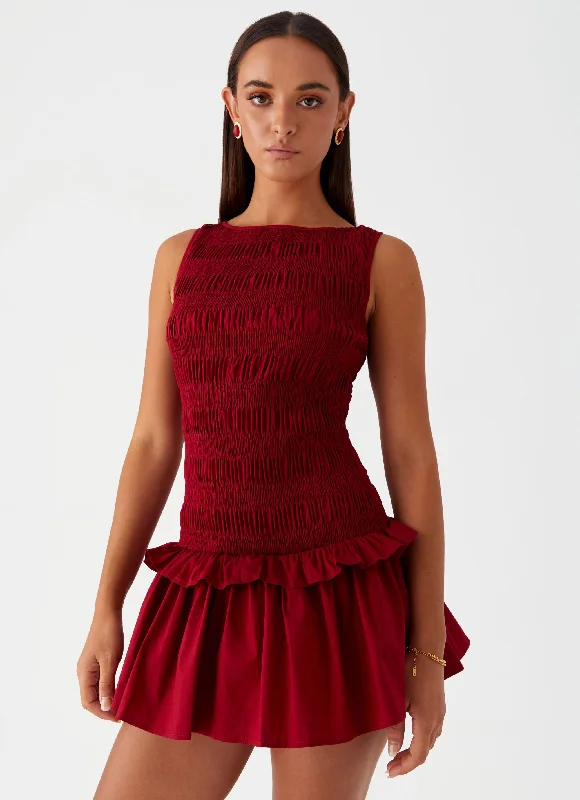 Women's Green Mini Dress-Garden Kisses Shirred Mini Dress - Maroon