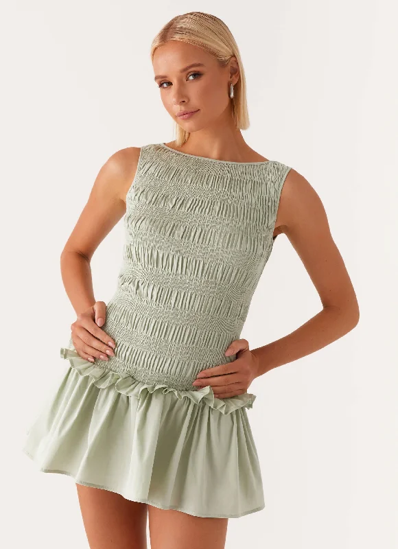 Women's Tunic Style Mini Dress-Garden Kisses Shirred Mini Dress - Sage