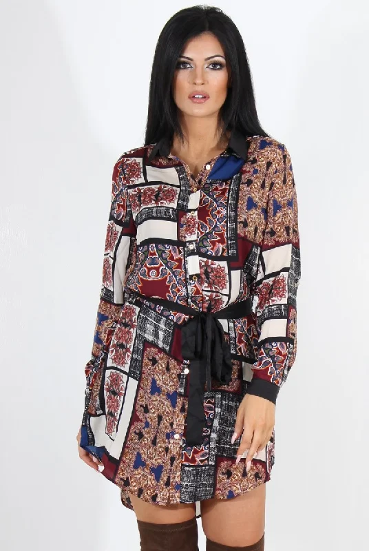 Women's Casual Plaid Shirt Dress-Gemma Wine Paisley Print Shirt Dress