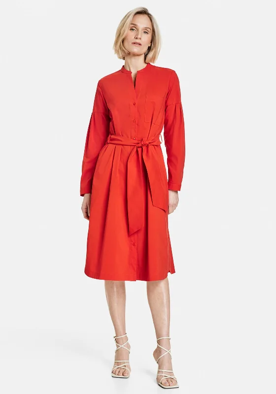 Women's Cotton A-line Shirt Dress-Gerry Weber Notch Neck Midi Shirt Dress, Red