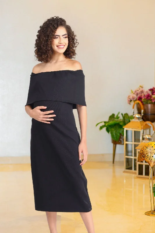 Party Bodycon Dress -Glamorous Ribbed Black Maternity Bodycon Off-Shoulder Dress