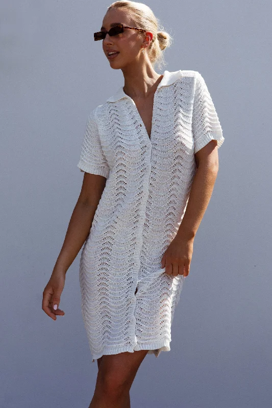 Stretchy Shirt Dress-Glennon B Crochet Shirt Dress White
