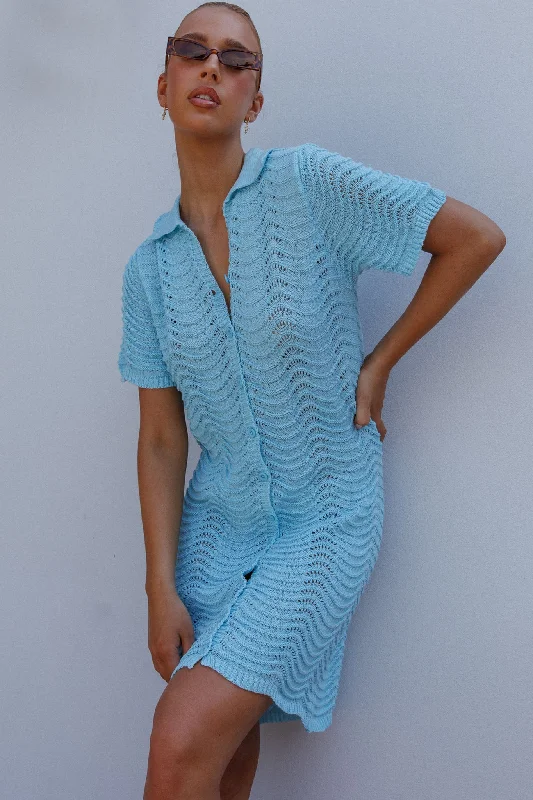 Cotton Shift Shirt Dress-Glennon Crochet Shirt Dress Soft Blue