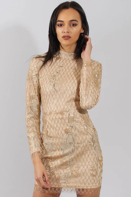 Women's Lace-up Bodycon Dress -Gold High Neck Sequin Embellished Bodycon Dress - Laila