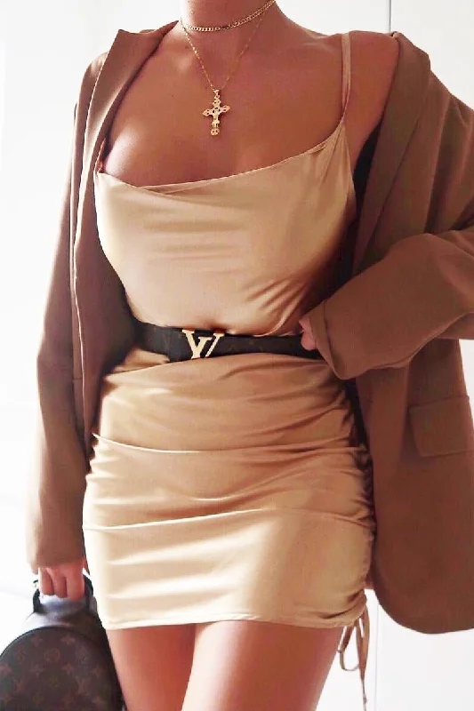 Satin Slip Dress with Butterfly Back -Slip Dress with Spaghetti Straps -Gold Satin Ruched Side Slip Bodycon Dress - Davie