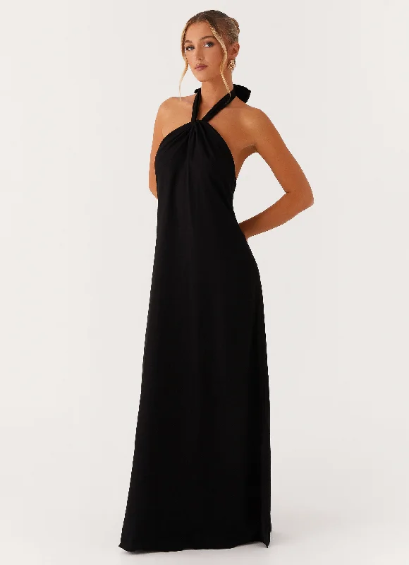 Women's Colorful Ruffle Maxi Dress-Golden Child Linen Maxi Dress - Black