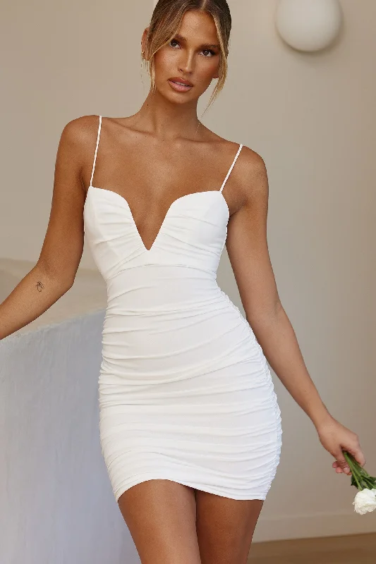 Women's Leopard Print Mini Dress-Good Vibes Cami Strap Deep V-Neckline Ruched Mini Dress White Women's Leopard Print Mini Dress-Good Vibes Cami Strap Deep V-Neckline Ruched Mini Dress White