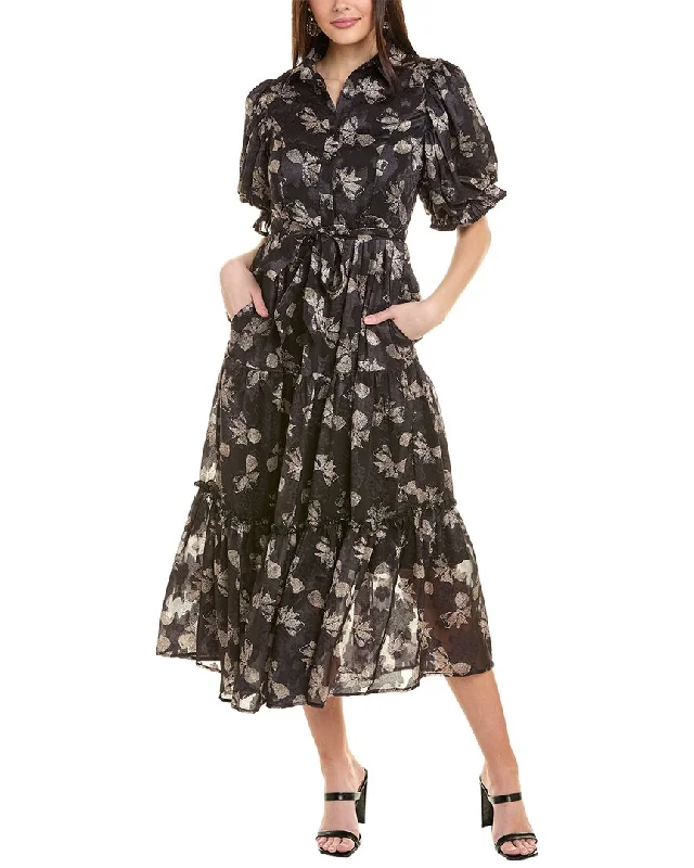 Long Shirt Dress-Gracia Bow Flower Printing Gathered Shirtdress