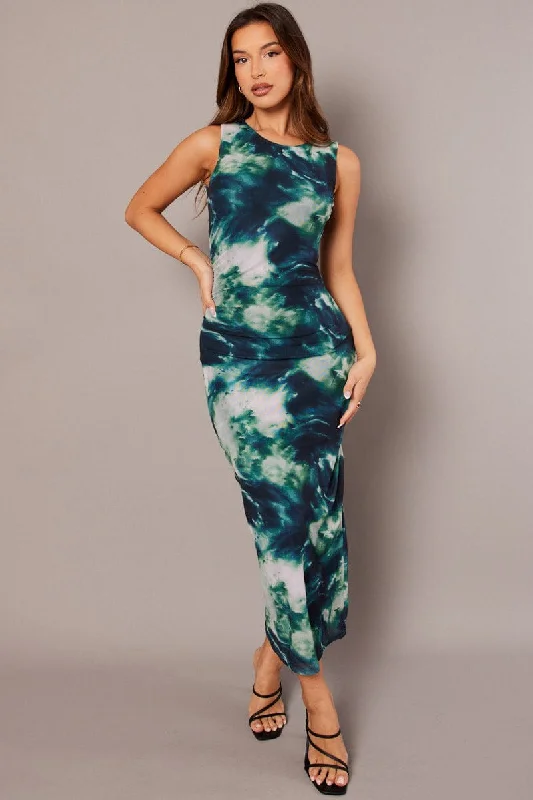 Bodycon Dress with Sparkly Rhinestones -Green Abstract Bodycon Dress Sleeveless