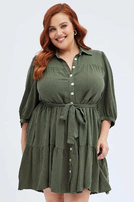Flared Sleeve Shirt Dress-Green Belted Shirtdress Mini Length Linen Blend
