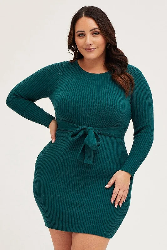 Bodycon Dress with Cutouts -Green Bodycon Dress Long Sleeve Knit Waist Tie