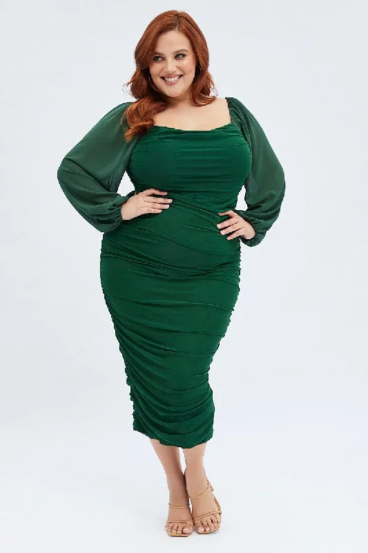 Women's Gold Bodycon Dress -Green Bodycon Dress Mesh Balloon Sleeve Ruched Midi