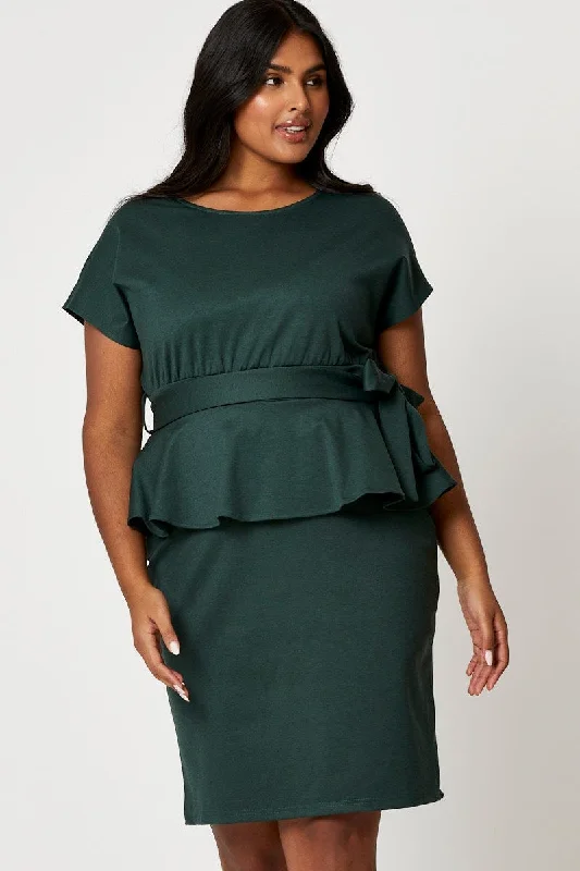 Bodycon Dress with Belt -Green Bodycon Dress Short Sleeve Jersey Waist Tie