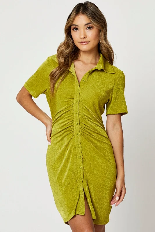 Women's Casual Shirt Dress for Day Out-Green Button Front Ruched Shirt Dress