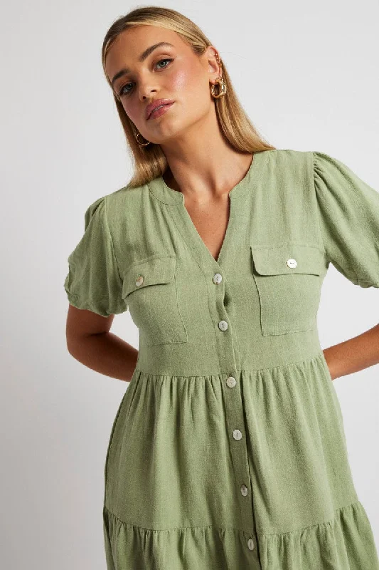 Women's V-back Mini Dress-Green Button Through Mini Dress Collar Linen Blend