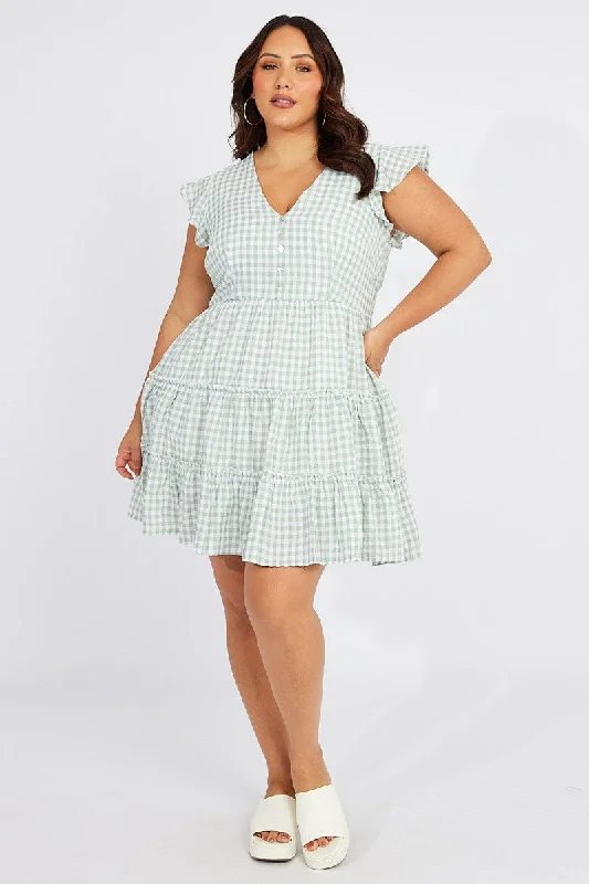 Green Flare Dress -Green Check Fit And Flare Dress Short Sleeve