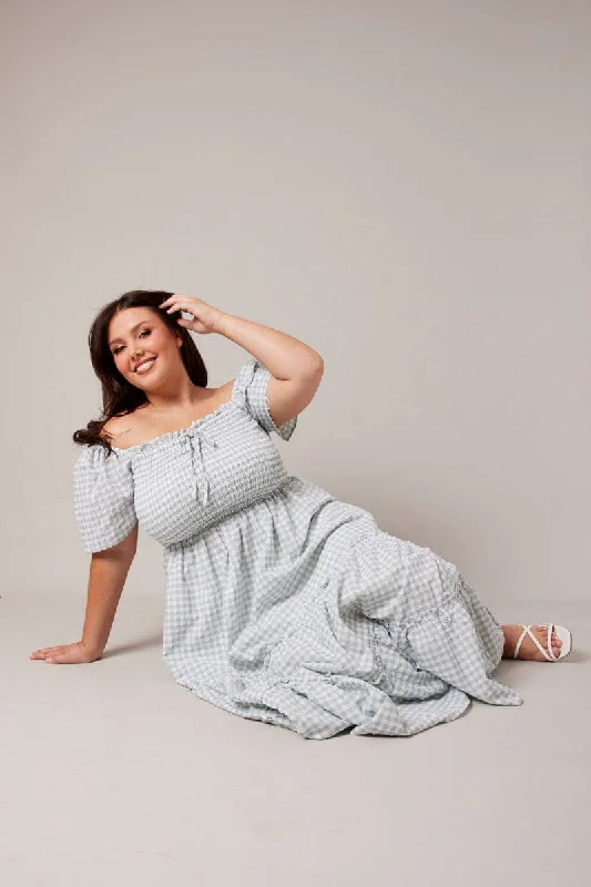 Women's Belted Maxi Dress-Green Check Maxi Dress Short Sleeve Shirred