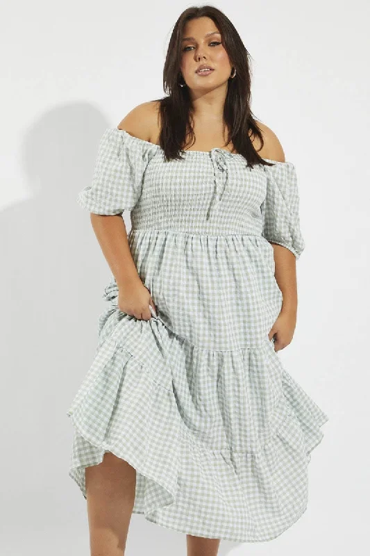 Women's Bohemian Cotton Maxi Dress-Green Check Maxi Dress Short Sleeve Shirred