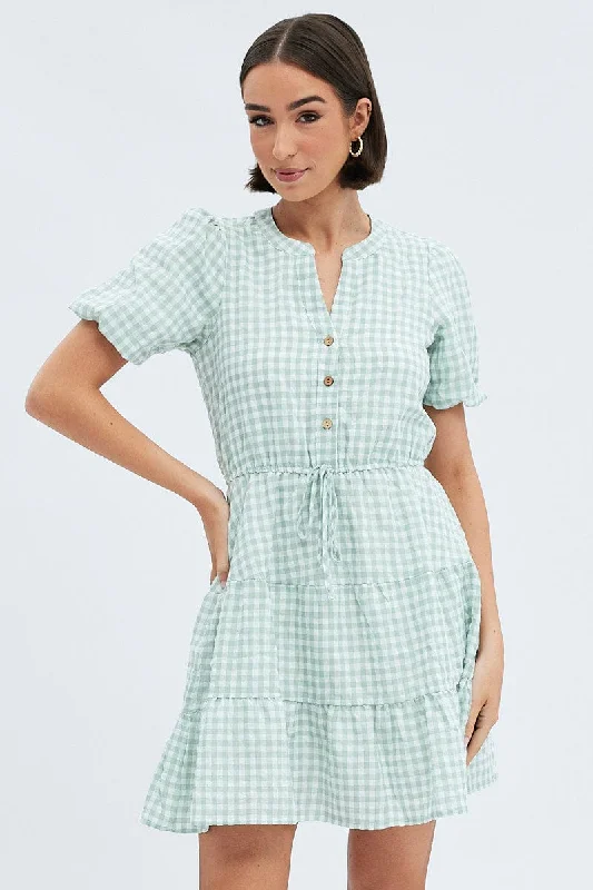 Women's Casual Off-shoulder Shirt Dress-Green Check Shirt Dress Short Sleeve Tiered