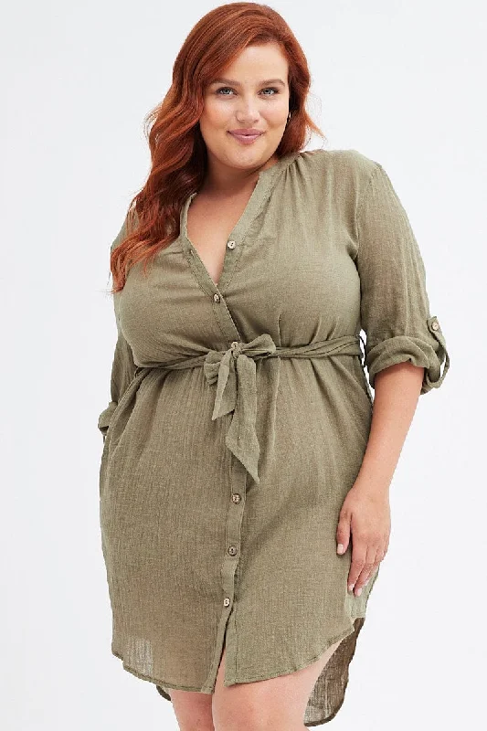 Checkered Cotton Shirt Dress-Green Cotton Shirtdress Long Tab Sleeve Textured