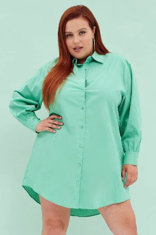 Women's Plaid Shirt Dress with Belt-Green Cotton Shirtdress Oversized Long Sleeve