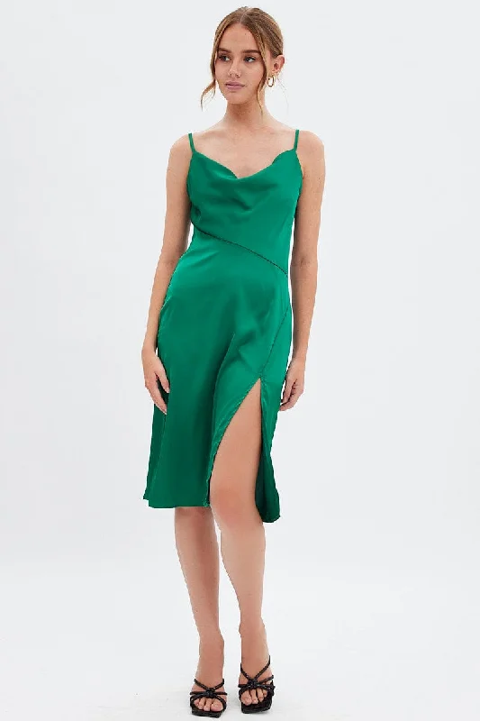 Elegant Satin Slip Dress for Holiday -Women's Satin Slip Dress with Side Slits -Green Cowl Neck Slip Midi Dress