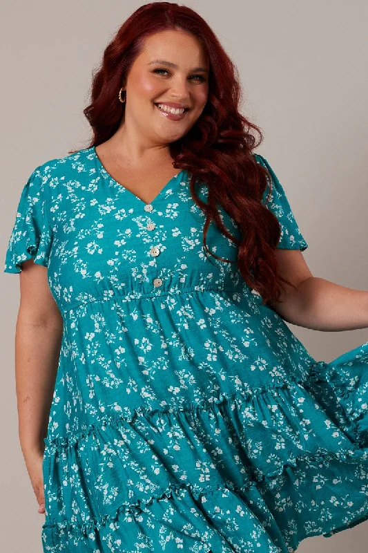 Women's Short Flare Dress -Green Ditsy Fit And Flare Dress Short Sleeve Tiered