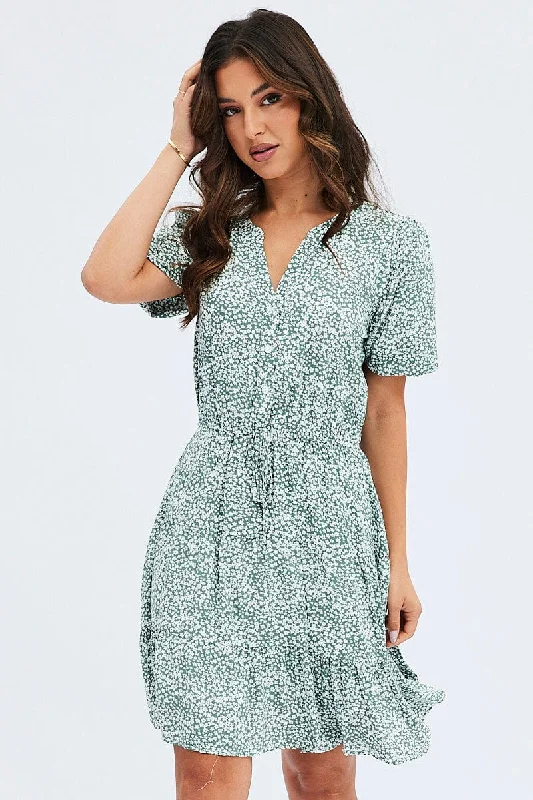 Everyday Button-down Shirt Dress-Green Ditsy Shirt Dress Short Sleeve Tiered
