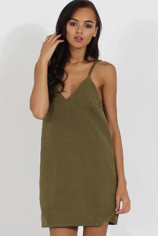 Satin Slip Dress with Floral Embroidery -Sexy Satin Slip Dress with Ribbon Detail -Green Faux Suede Strappy Back Slip Dress - Sylvie