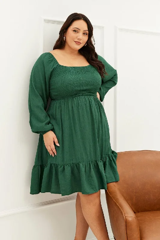 Sequin Flare Dress -Green Fit And Flare Dress Long Sleeve Shirred