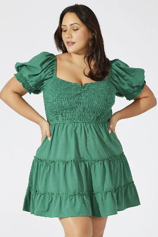 Vintage Floral Flare Dress -Green Fit And Flare Dress Short Sleeve Shirred
