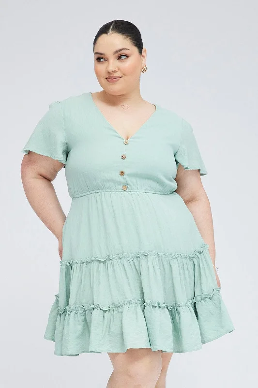 Bohemian Style Flare Dress -Green Fit And Flare Dress Short Sleeve V-neck