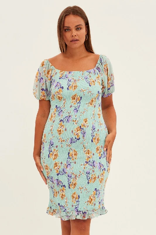 Stretchy Bodycon Dress -Green Floral Bodycon Dress Short Sleeve Off Shoulder Shirred