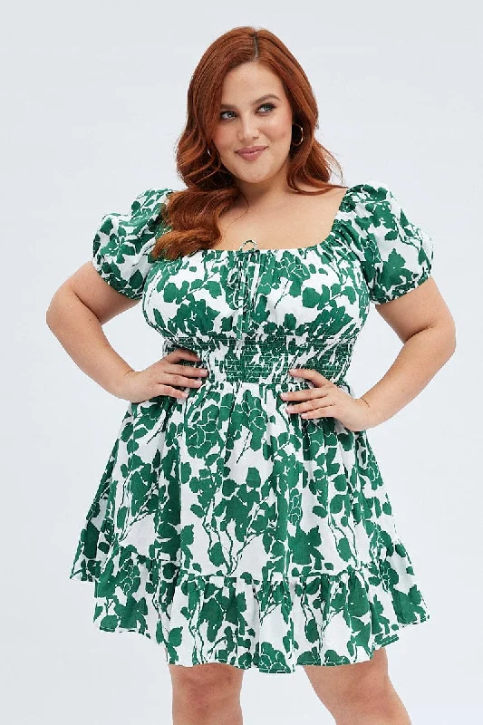 Elegant Party Flare Dress -Green Floral Fit And Flare Dress Short Sleeve