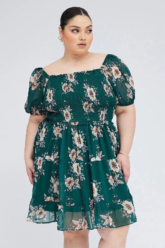 Pleated Skirt Flare Dress -Green Floral Fit And Flare Dress Short Sleeve Shirred