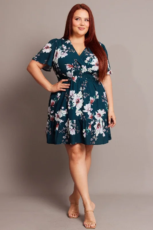 A-line Pleated Flare Dress -Green Floral Lace Trim Flare Sleeve Minidress
