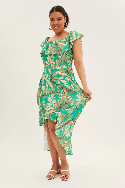 Women's Silk Chiffon Maxi Dress-Green Floral Maxi Dress Off Shoulder Crepe