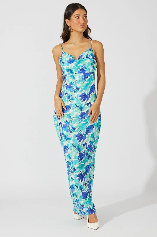 Slip Dress with Layered Design -Off-shoulder Red Satin Slip Dress -Green Floral Maxi Dress Slip Cami Watercolour Print