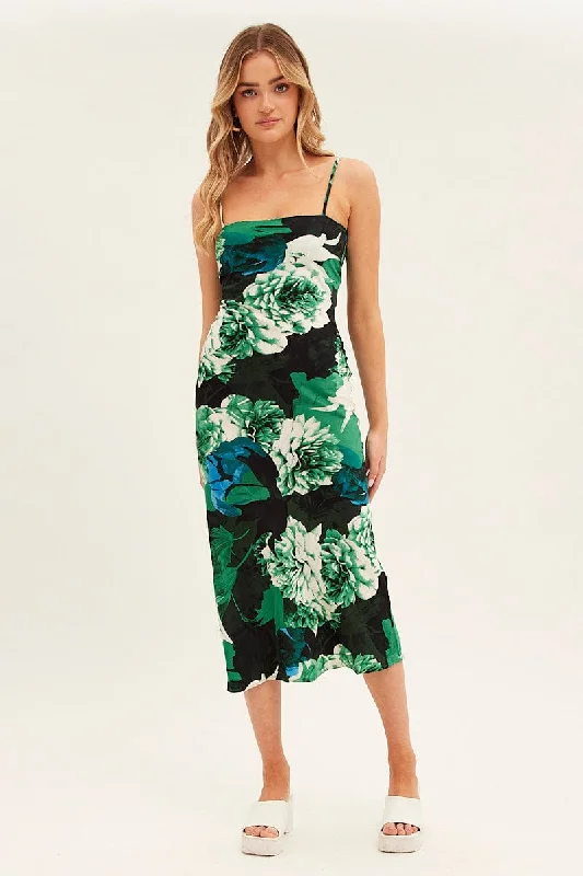 Satin Slip Dress with Feminine Touch -Silk Red Slip Dress for Formal Event -Green Floral Slip Dress Midi Strappy Back Floral Satin