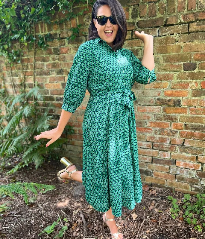 Relaxed Denim Shirt Dress-Green Geo Print Midi Shirt Dress