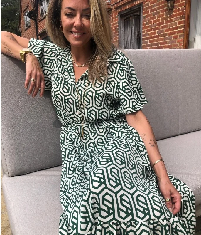 Casual Wear Shirt Dress-Green Geometric Shirt Dress