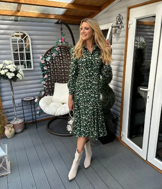 Structured Shirt Dress-Green Godet Hem Shirt Dress