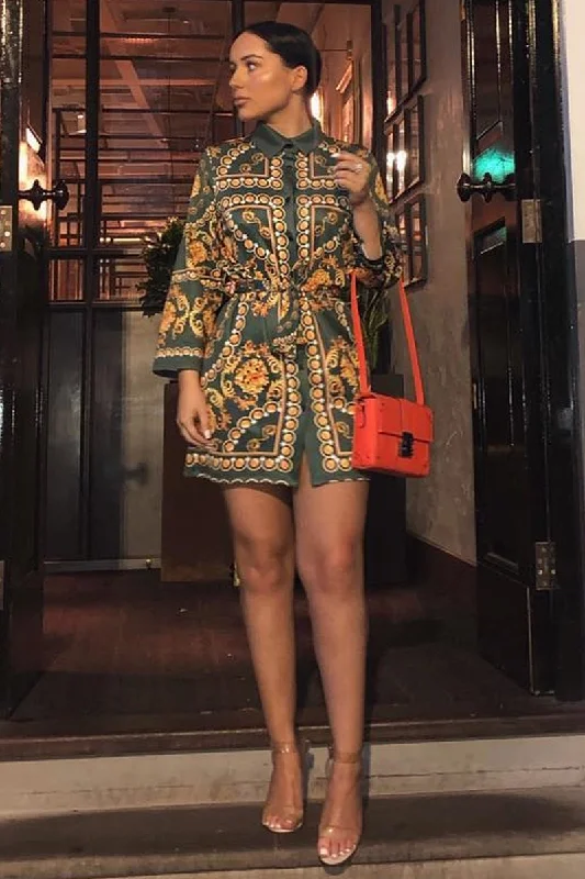 Cotton Printed Shirt Dress-Green Gold Chain Print Belted Shirt Dress - Estie